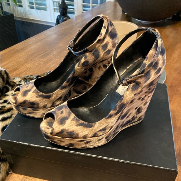 Stella McCartney leopard wedge ankle strap heel wedge 38 8 7.5 peep toe pin up - Picture 4 of 16